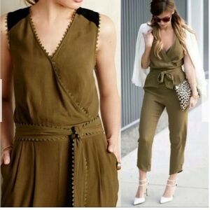 Anthropologie Leifsdottir Jumpsuit Green Wrap Size 4 sleeveless